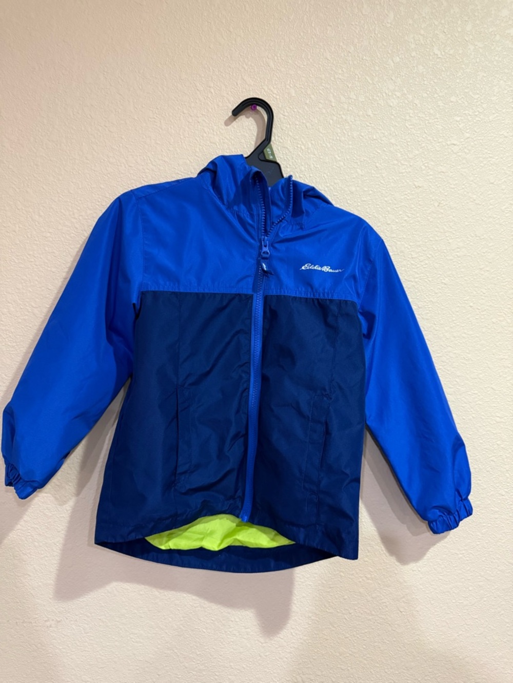 Eddie Bauer Two-Tone Blue Hooded Rain Jacket- 5/6 - Picture 1 of 2